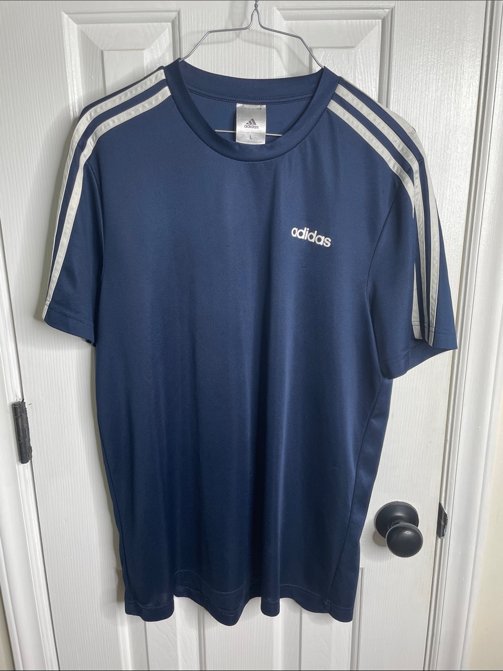 adidas Navy Short Sleeve Tee with White Shoulder Stripes